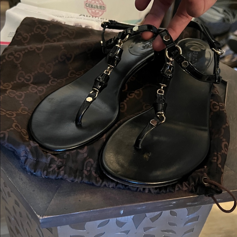 🛑 1 hour sale. GUCCI, size 7, Black Leather Bamboo Sandals w/ COA & dust bag - Picture 11 of 15
